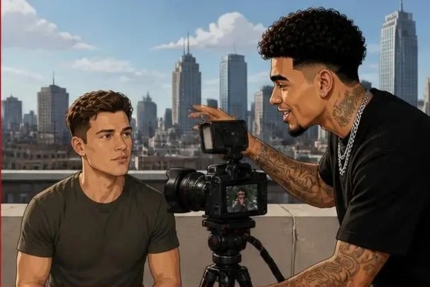 Styles directing a shoot beside the camera